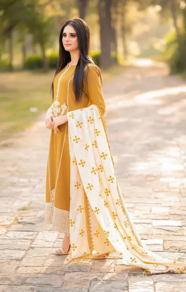 DHANAK 3PC EMBROIDERED DRESS EMBROIDERED SHAWL A106